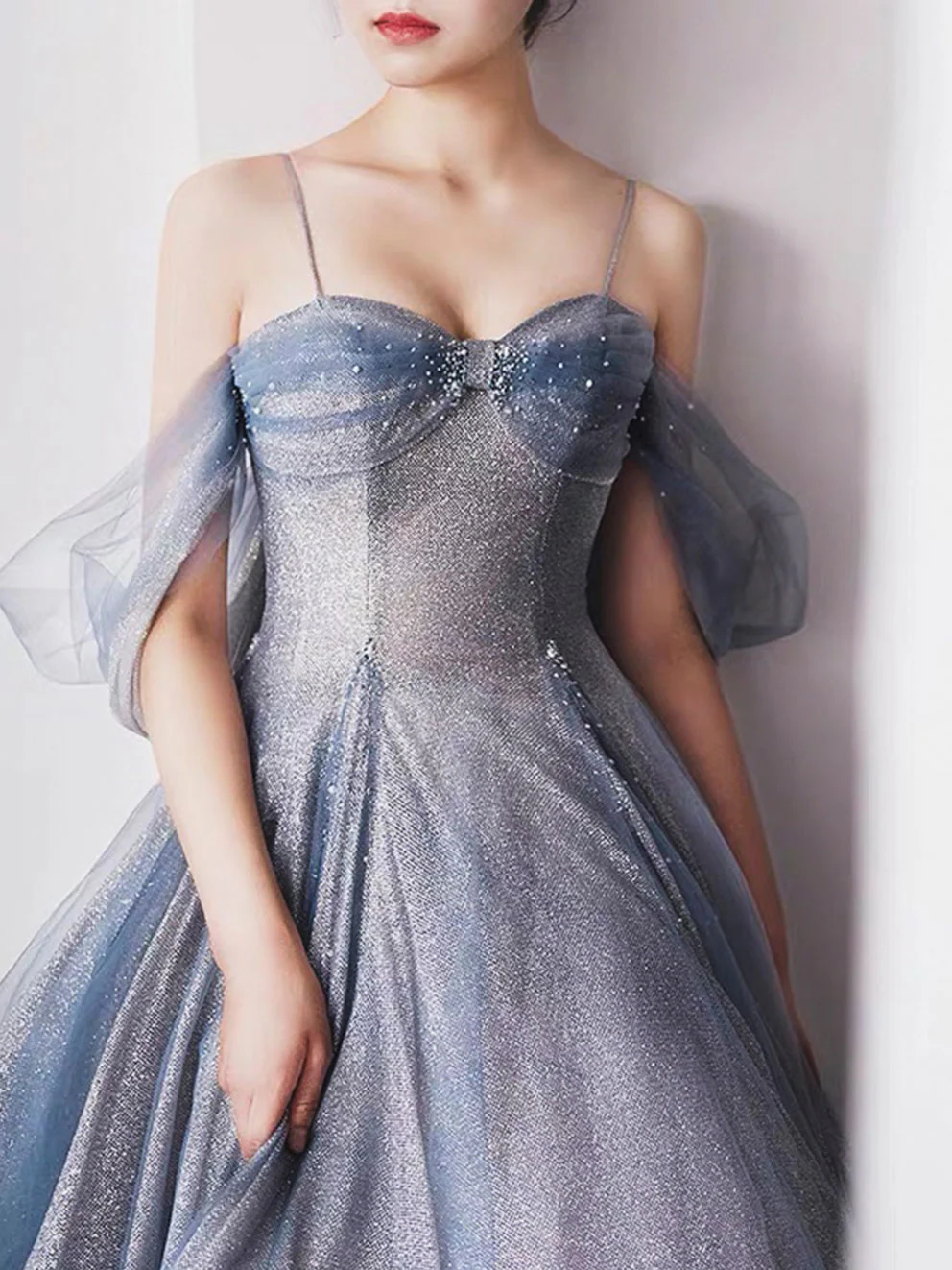 Blue Tulle A-Line Straps Off Shoulder Formal Evening Party Dress MD7191