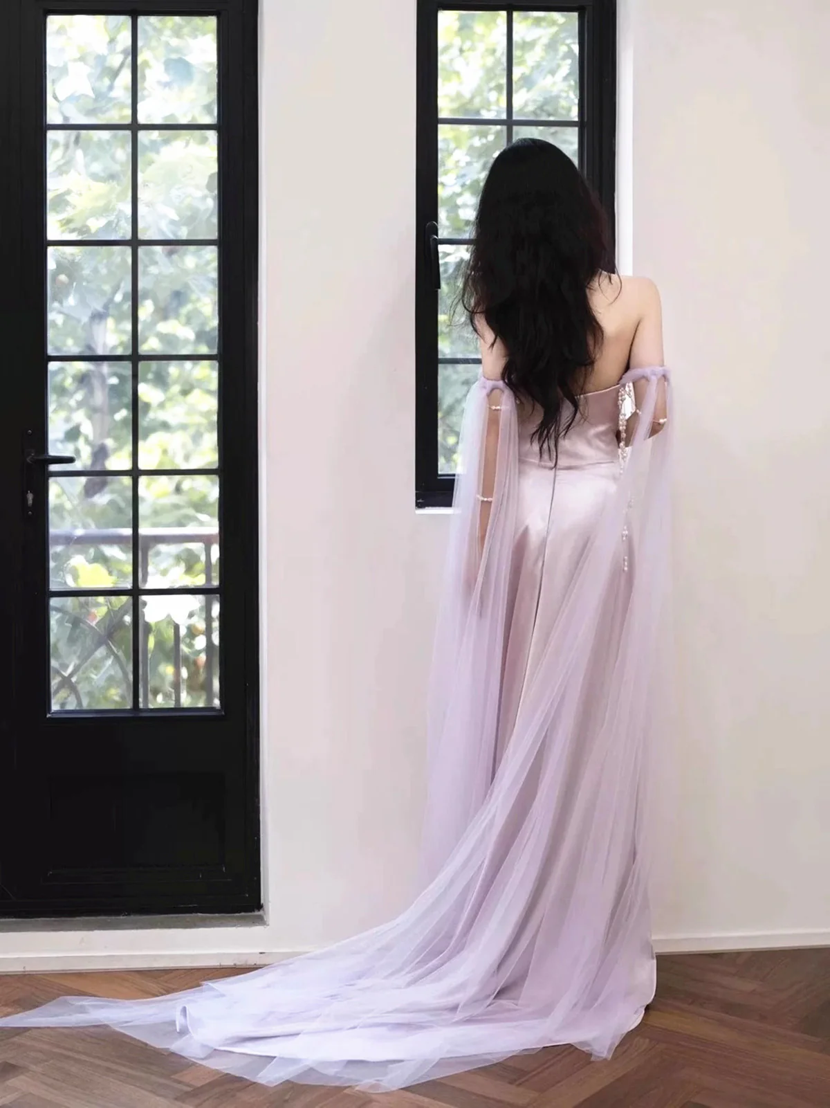 Light Lilac Off Shoulder Sheath Satin Long Party Dress Birthday Outfits MD7435