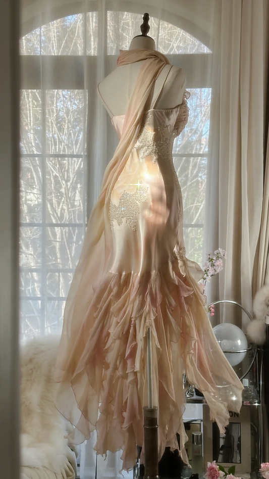 Vintage Meerjungfrau Perlen Blumenmuster Romantisches Chiffon Abendkleid Ballkleid D1512