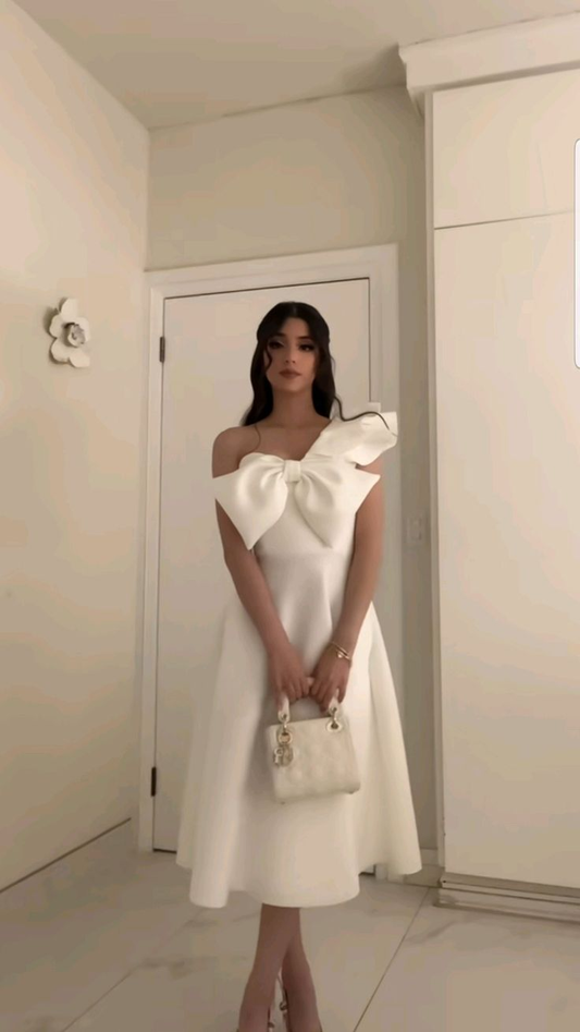 Weißes One-Shoulder-A-Linien-Partykleid in Midilänge MD7434