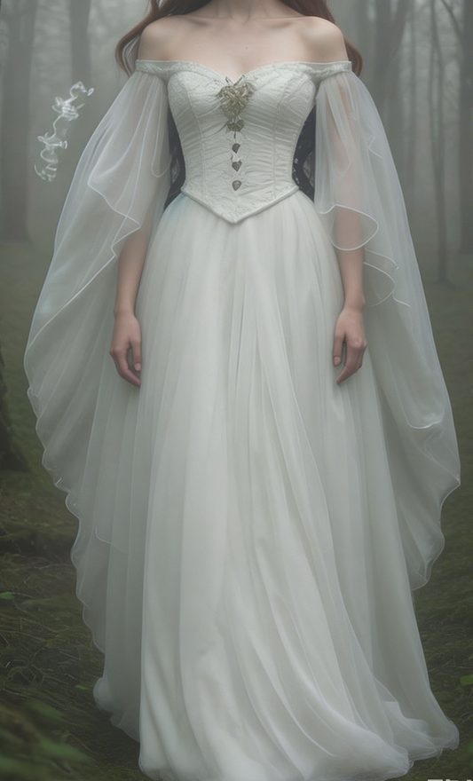 White Off Shoulder A-Line Chiffon Retro Long Prom Dress, D18