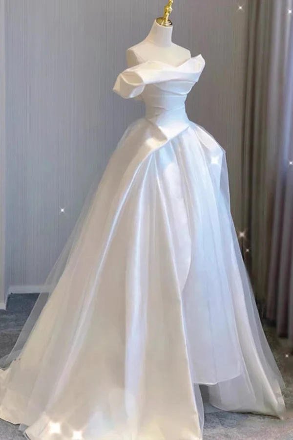 White Off Shoulder A-Line Tulle Satin Wedding Dress Birthday Gown MD7598