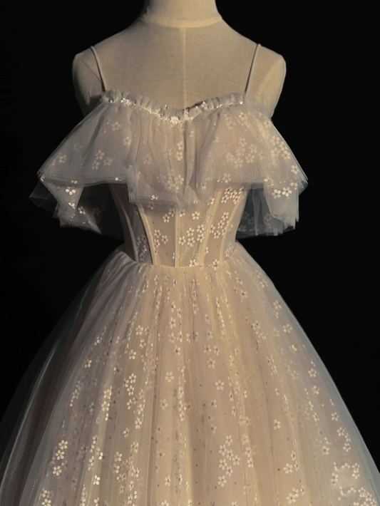 Weißes, schulterfreies A-Linien-Partykleid aus Spitze und Tüll mit Spaghettiträgern MD7246