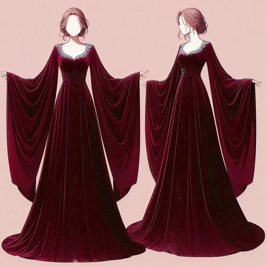 Elegantes, burgunderrotes, langärmliges A-Linien-Abendkleid aus Samt, D934