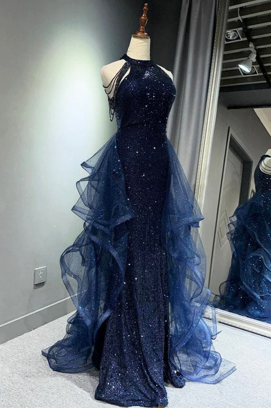 Dunkelmarineblaues Neckholder-Meerjungfrauenkleid mit Pailletten, langes formelles Partykleid, Abendkleid, D851