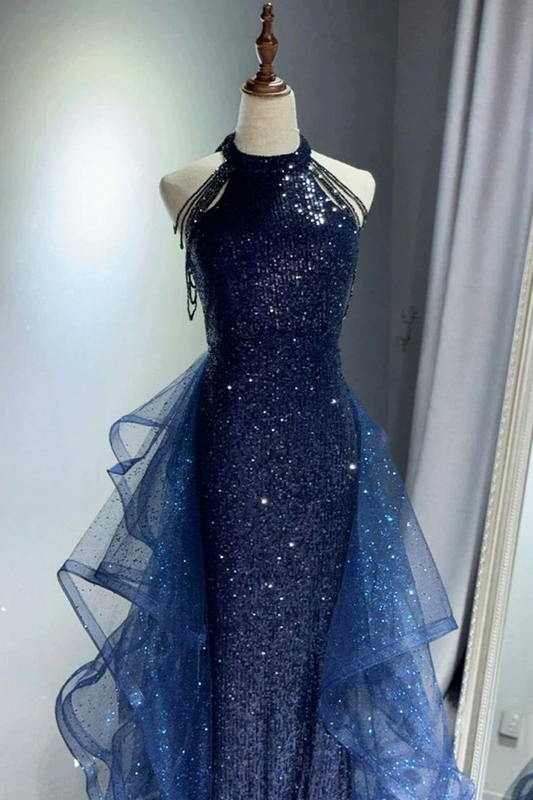 Dunkelmarineblaues Neckholder-Meerjungfrauenkleid mit Pailletten, langes formelles Partykleid, Abendkleid, D851