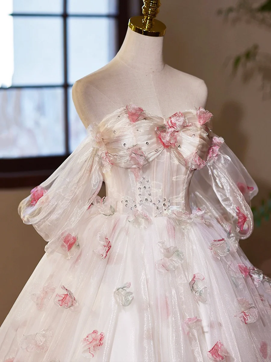 Robe de bal trapèze en tulle fleuri, robe de soirée formelle à épaules dénudées MD7199