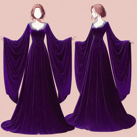 Elegantes, burgunderrotes, langärmliges A-Linien-Abendkleid aus Samt, D934