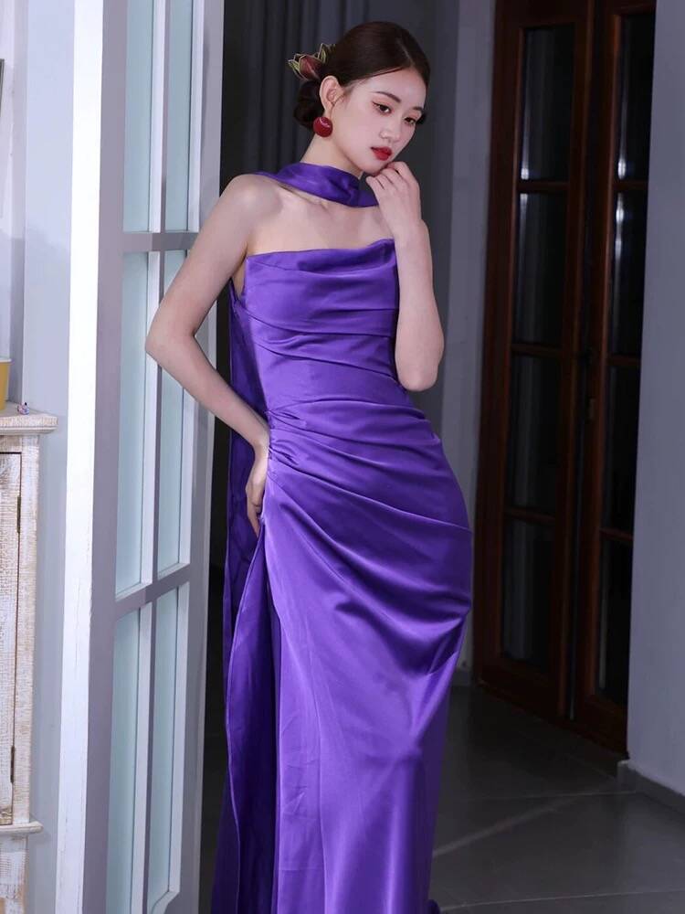Charmante robe de soirée longue en satin violet sans bretelles, style sirène, D968
