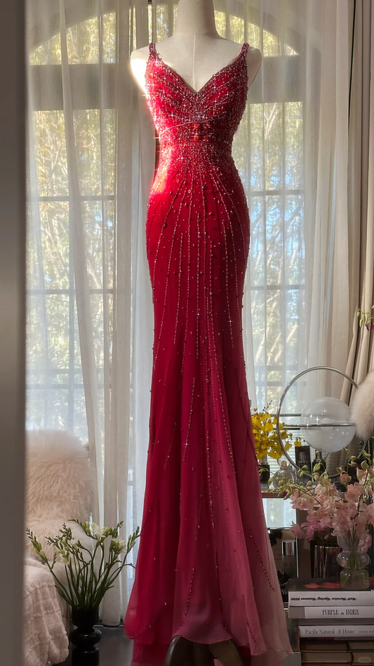 Retro Rot V-Ausschnitt Funkelnde Perlen Meerjungfrau Chiffon Abendkleid Ballkleid D1475