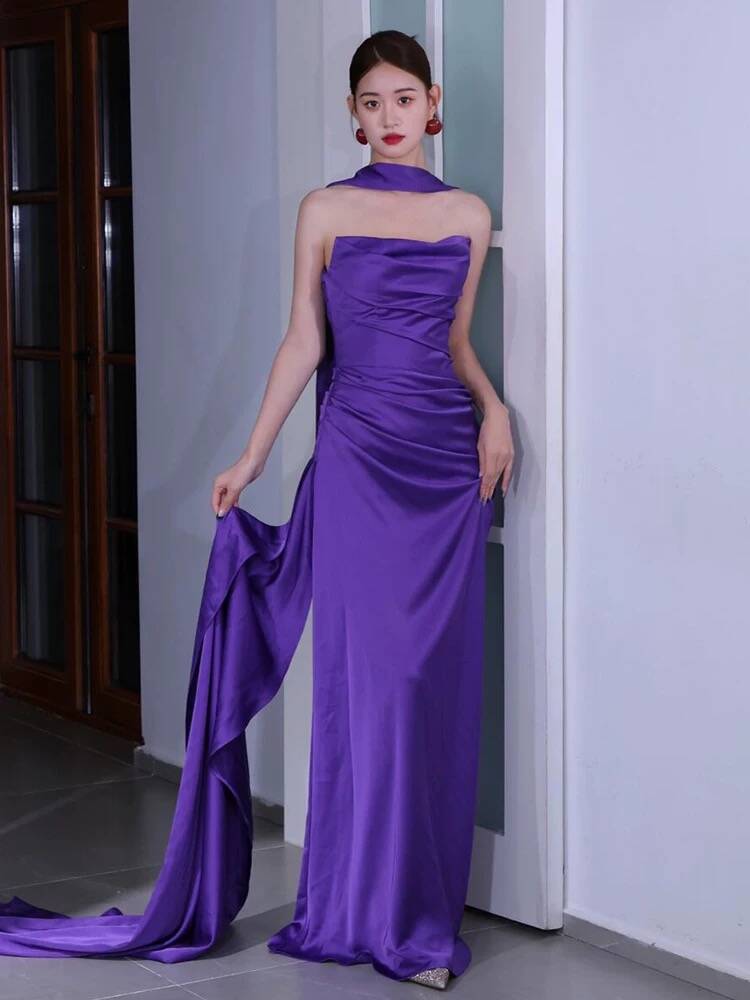 Charmante robe de soirée longue en satin violet sans bretelles, style sirène, D968