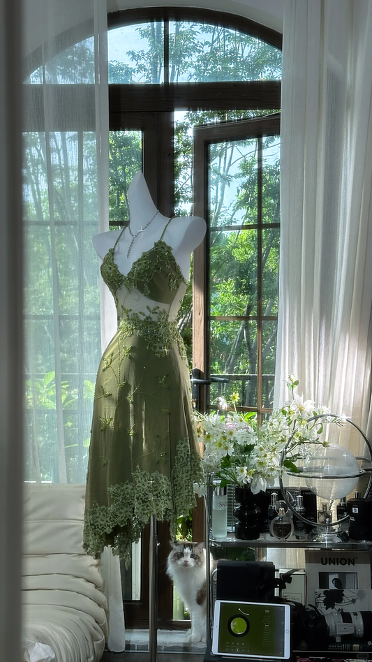 Retro Green Sequin Spaghetti Strap Romantic Shinny Chiffon Evening Dress Prom Dresses, D1458