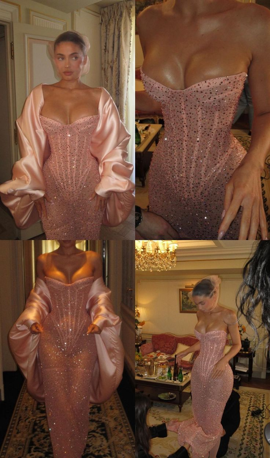 Robe de soirée longue sirène rose brillant à paillettes et décolleté en cœur MD7354