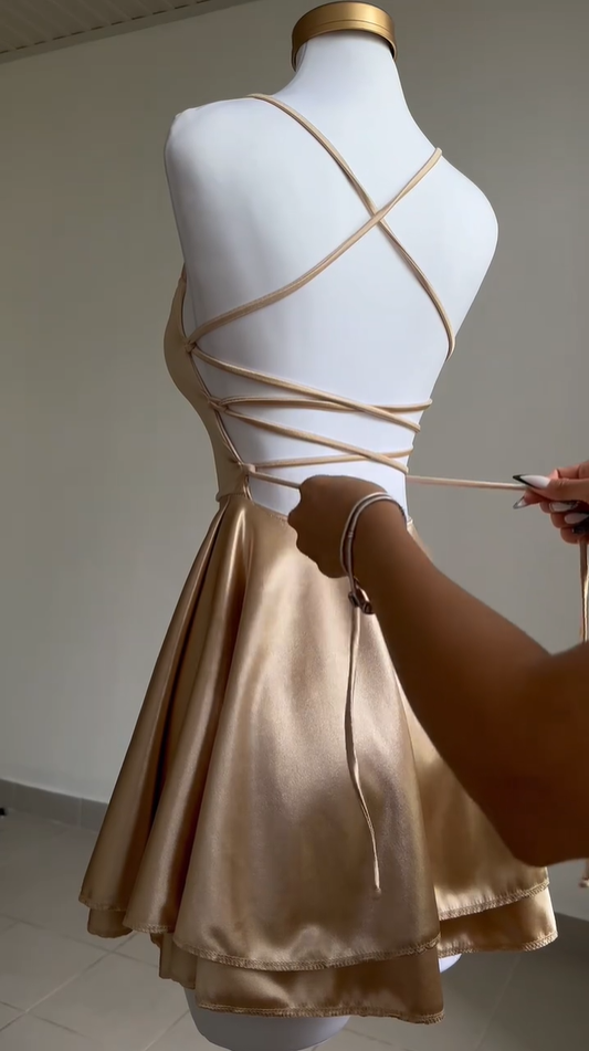 Lovely Gold Straps A-Line Satin Short Party Dress Homecoming Dress MD7467