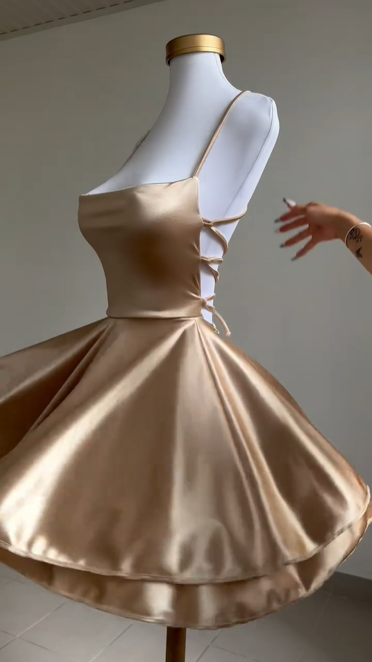 Lovely Gold Straps A-Line Satin Short Party Dress Homecoming Dress MD7467