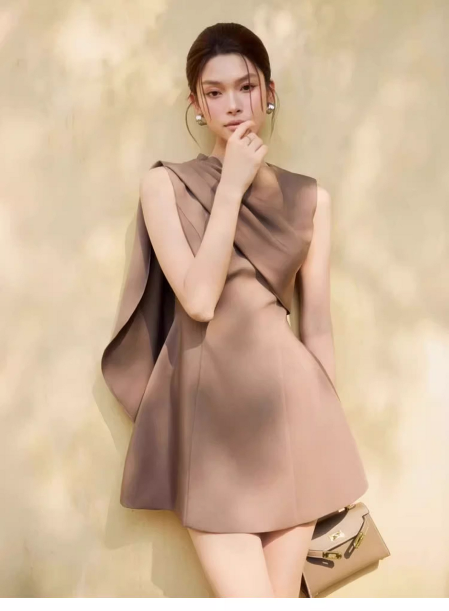 Elegant Light Brown Sleeveless Design A-line Satin Party Dress Homecoming Dress, D1370