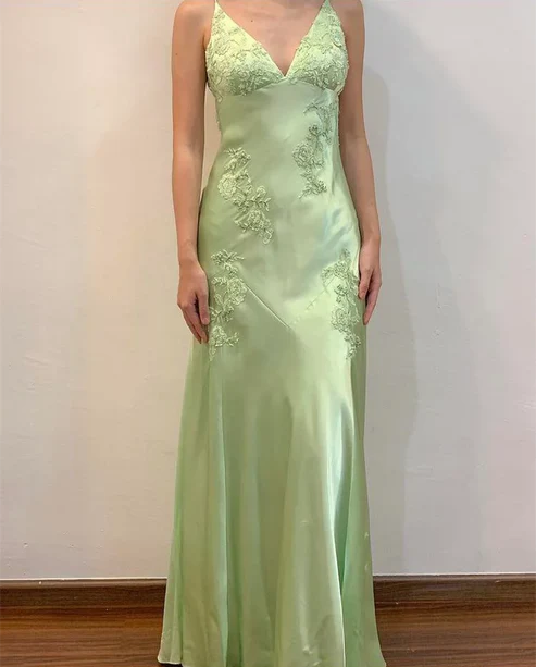Green V Neck Straps Appliques Long Evening Party Dress MD7426