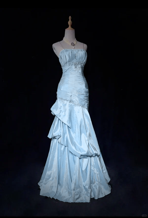 Hellrosa Träger Meerjungfrau Perlen Vintage Langes Partykleid Geburtstagsoutfits, D899