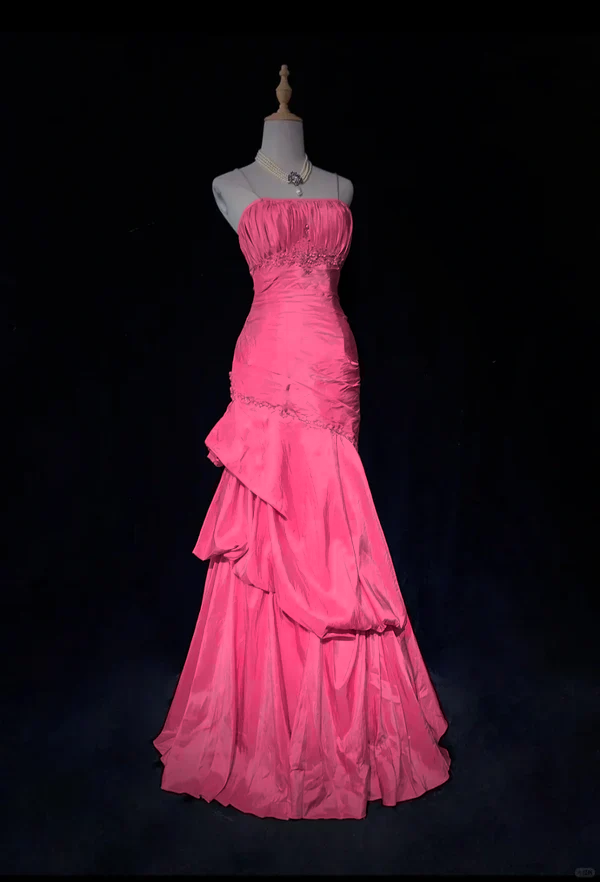 Hellrosa Träger Meerjungfrau Perlen Vintage Langes Partykleid Geburtstagsoutfits, D899