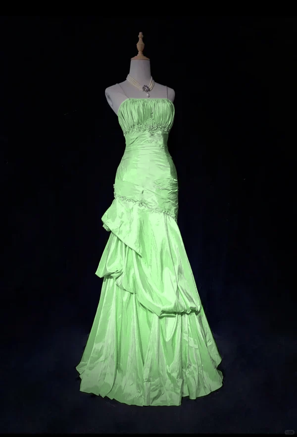 Hellrosa Träger Meerjungfrau Perlen Vintage Langes Partykleid Geburtstagsoutfits, D899