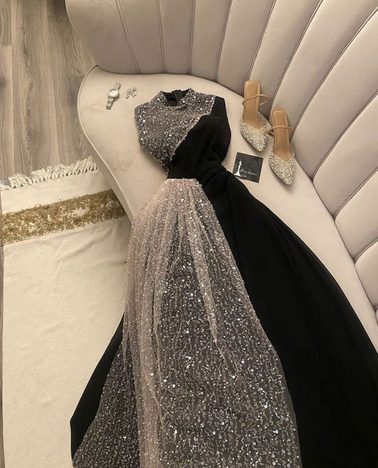 Robe de soirée longue noire à col montant et manches courtes, coupe trapèze, MD7488