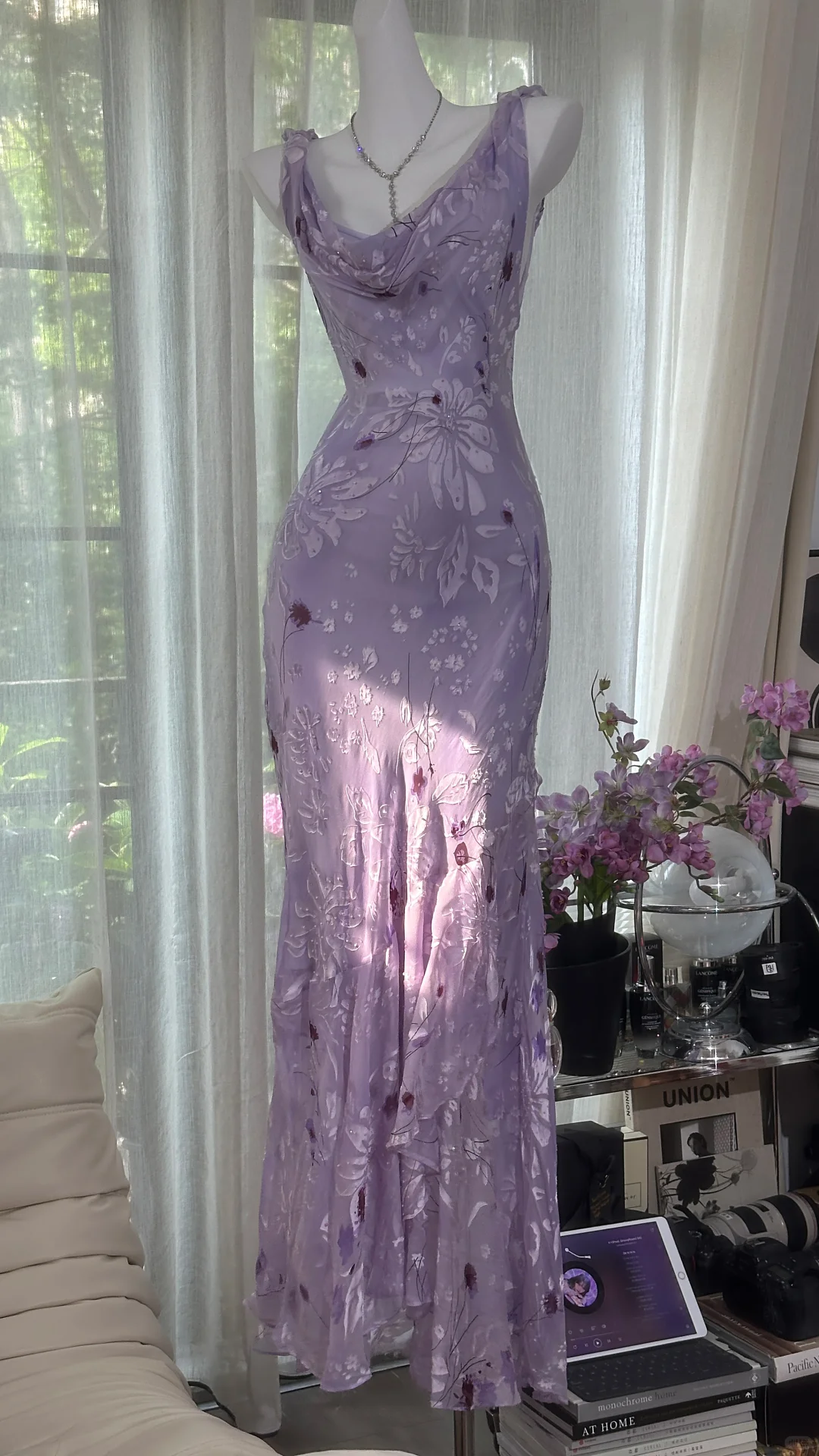 Vintage Light Purple Floral Applique Mermaid Cowl Neck Design Satin Prom Dress Evening Dress D1702