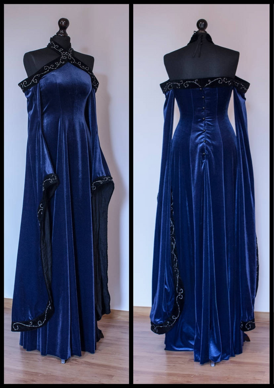 Vintage Dark Blue Halter Neck A-Line Velvet Long Formal Prom Dress Evening Dress, D828