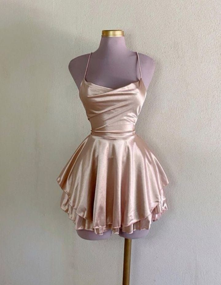 Lovely Pink Straps A-Line Satin Short Party Dress Homecoming Dress MD7466