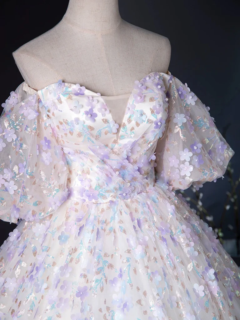 A-Line Puff Sleeves Sweetheart Neck Tulle Lace Light Purple Long Prom Dress MD7229