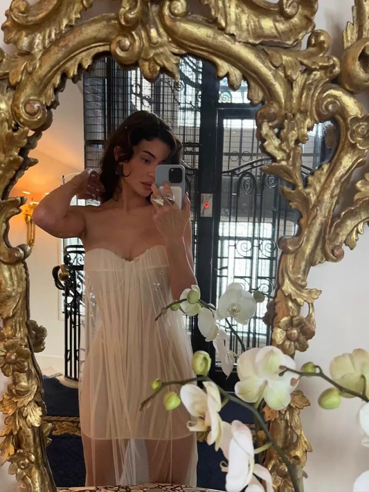 Modisches beiges trägerloses A-Linien-Tüll-Partykleid für Damen, D1404
