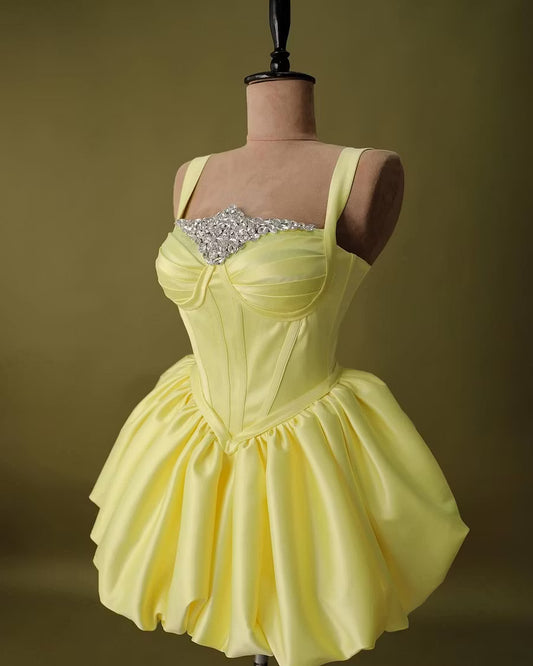 Chic Homecoming Dress Spaghetti Strap Pleated Rinestone Back to School Outfits Party Dress D7408