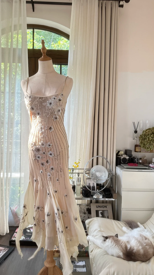 Vintage Beige Spaghetti Strap Beaded Design Romantic Chiffon Evening Dress Prom Dress  D1484