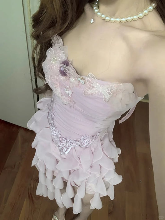 Beautiful Homecoming Dress Strapless Soutache Hi-Lo Applique Flower Back to School Outfits Party Dress D7281