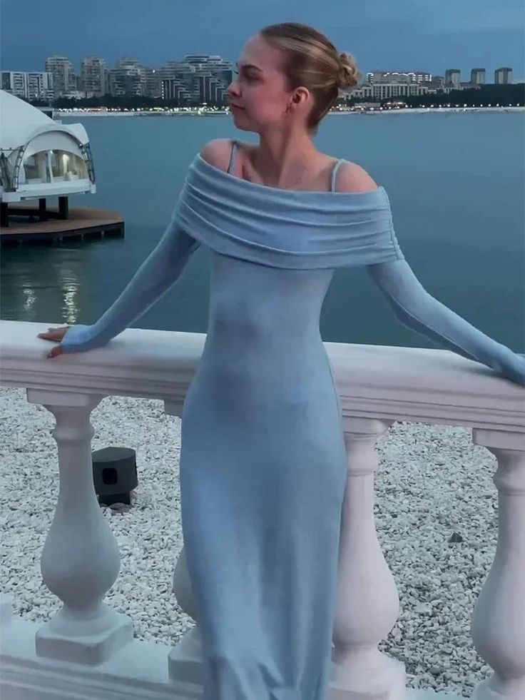 Blaues schulterfreies Etuikleid mit langen Ärmeln, Partykleid, Abendkleid, D273