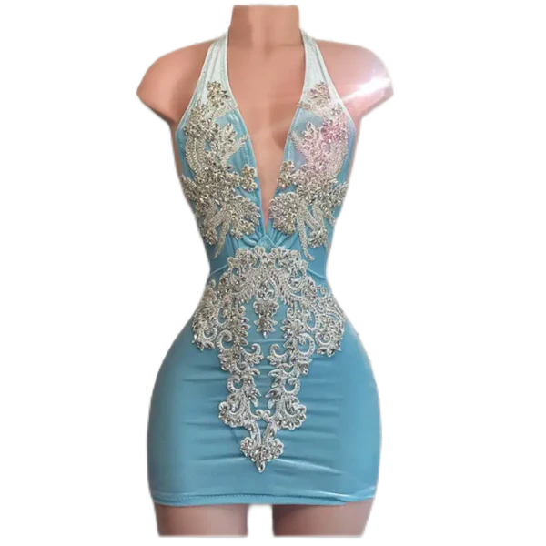 V-neck Sparkly Silver Beaded Women Birthday Party Gowns Short Prom Dress, MD6975