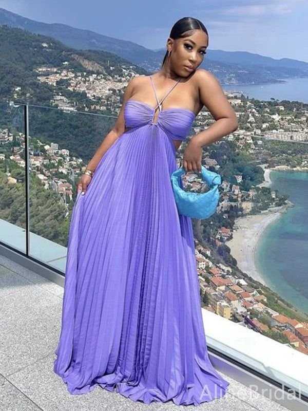 Blue Halter A-Line Open Back Pleated Satin Long Party Dress MD7318