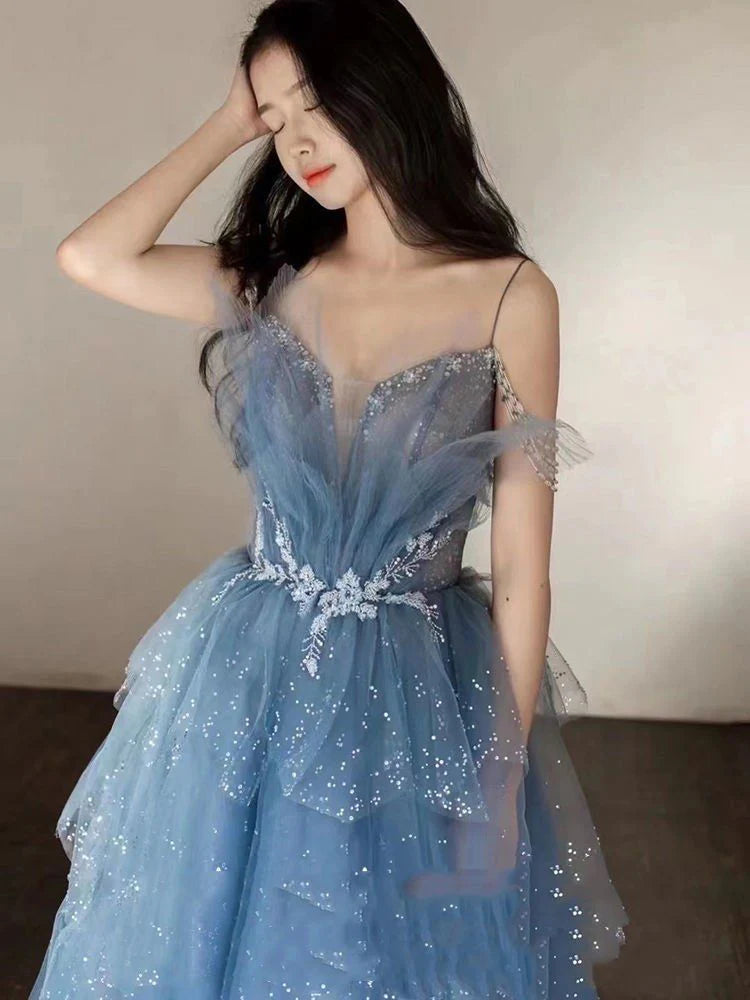 Vintage Blue Beaded Design Elegant A-Line Chiffon Tulle Evening Dress Prom Dress D1602