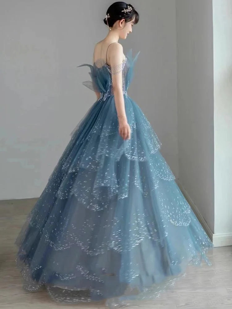 Vintage Blue Beaded Design Elegant A-Line Chiffon Tulle Evening Dress Prom Dress D1602