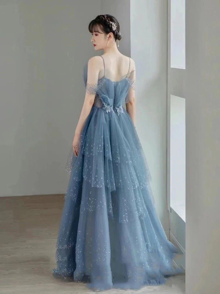Vintage Blue Beaded Design Elegant A-Line Chiffon Tulle Evening Dress Prom Dress D1602