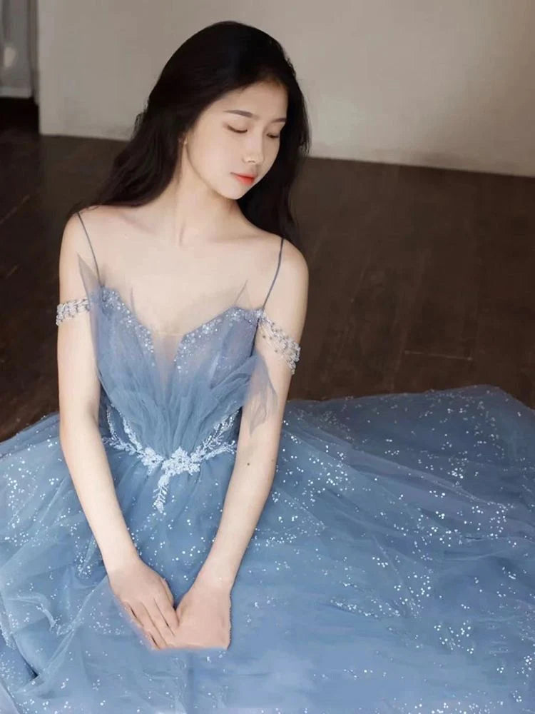 Vintage Blue Beaded Design Elegant A-Line Chiffon Tulle Evening Dress Prom Dress D1602
