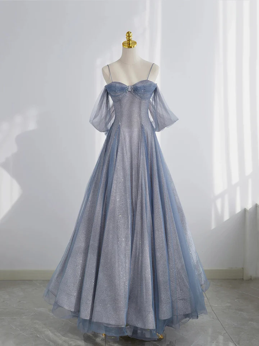 Robe de soirée trapèze en tulle bleu à bretelles et épaules dénudées MD7191