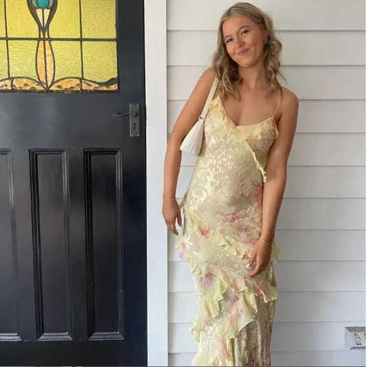 Robe fourreau longue jaune à bretelles et volants, tenue de soirée d'anniversaire MD7402