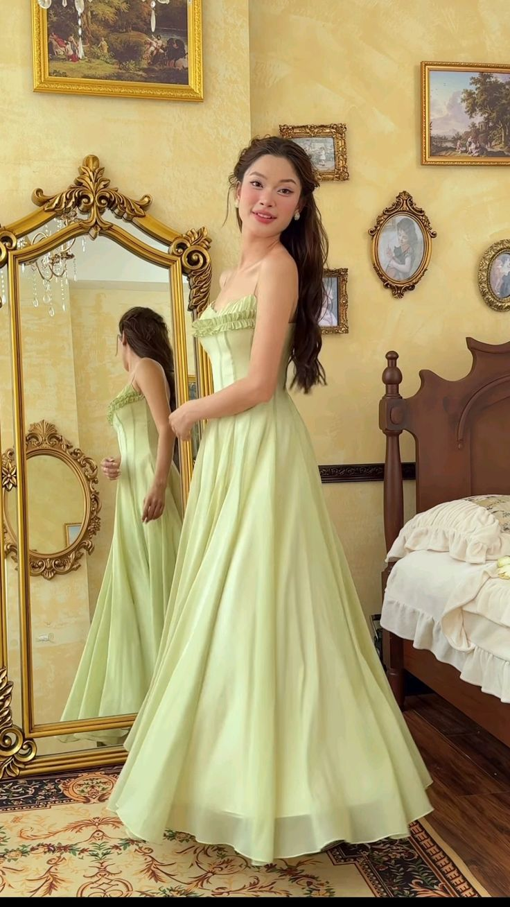 Light Green Spaghetti Straps A-Line Chiffon Long Prom Dress Birthday Dress, D742