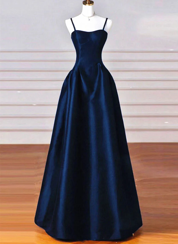 Robe de soirée longue en satin bleu marine à bretelles spaghetti, coupe trapèze, MD7338