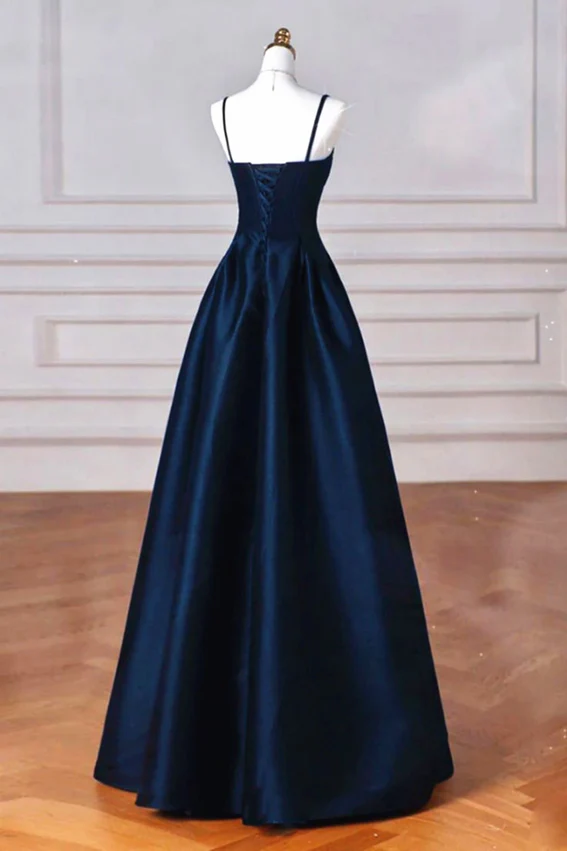 Robe de soirée longue en satin bleu marine à bretelles spaghetti, coupe trapèze, MD7338