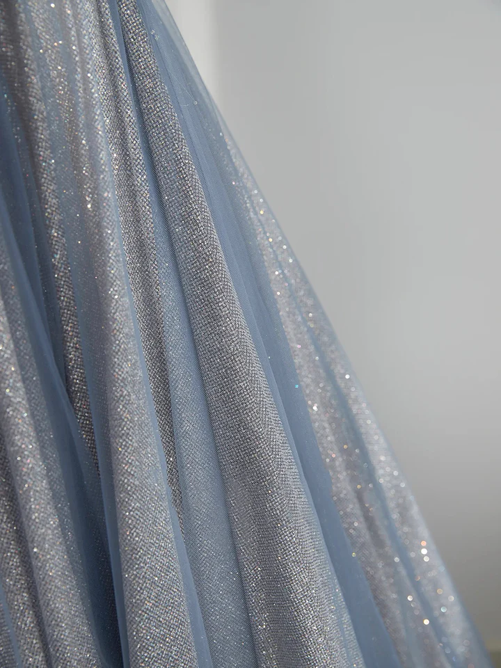 Blue Tulle A-Line Straps Off Shoulder Formal Evening Party Dress MD7191