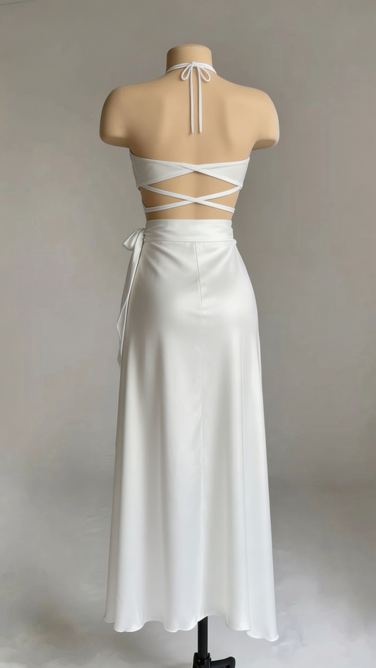 Robe de soirée longue blanche en satin à col croisé et dos nu, MD7887