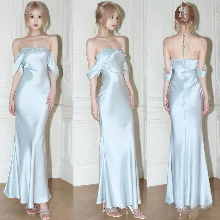 Light Blue Off Shoulder Mermaid Satin Long Party Dress Wedding Guest Dress, D852
