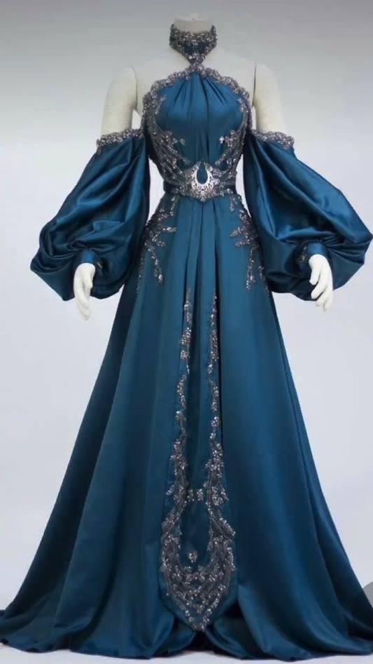 Retro Teal Neckholder A-Linie Perlenbesetzt Schick Langes Partykleid Abendkleid, D935