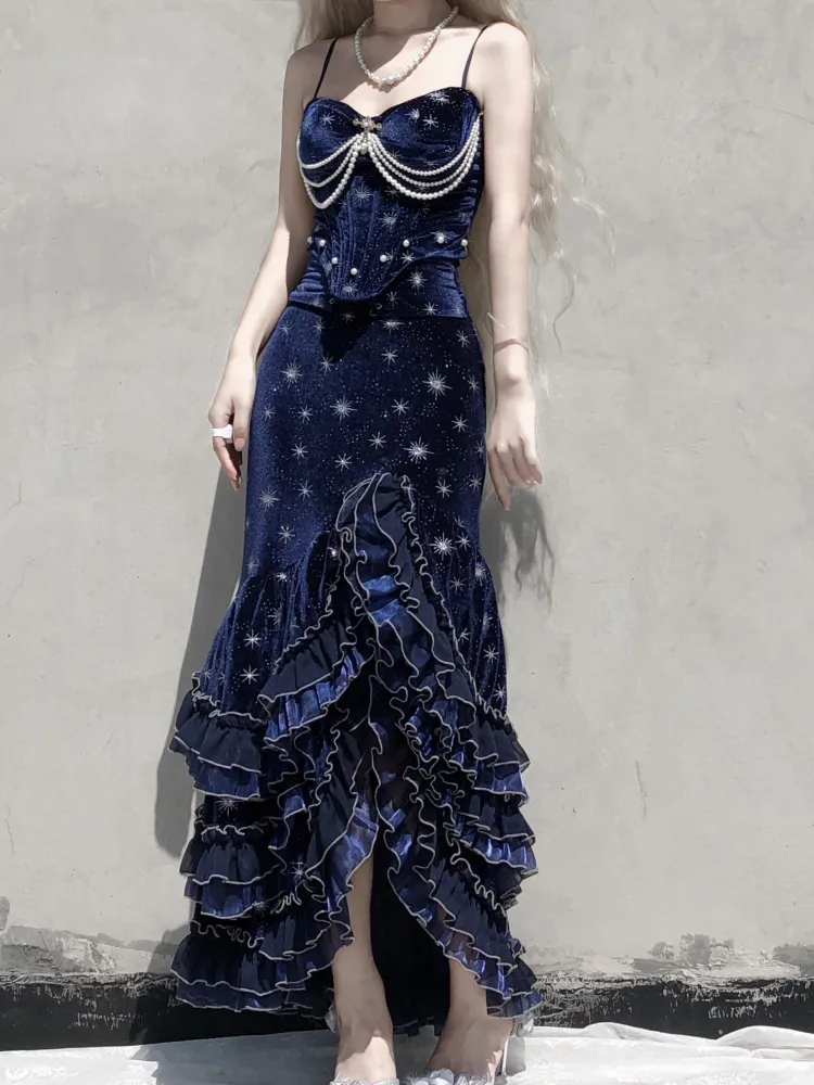 Dunkelmarineblaue Träger Meerjungfrau Lagen Rüschen Sexy Abendkleid Geburtstagsoutfits, D827